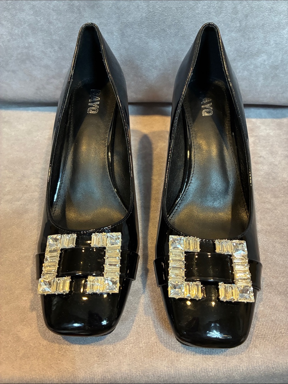 Elegant Black Faux Patent Pumps with Crystal Buckle